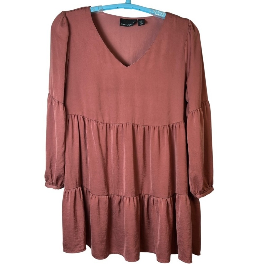 Cynthia Rowley Dress Long Sleeve Tiered V Neck Casual‎ Boho Flowy Pink XL